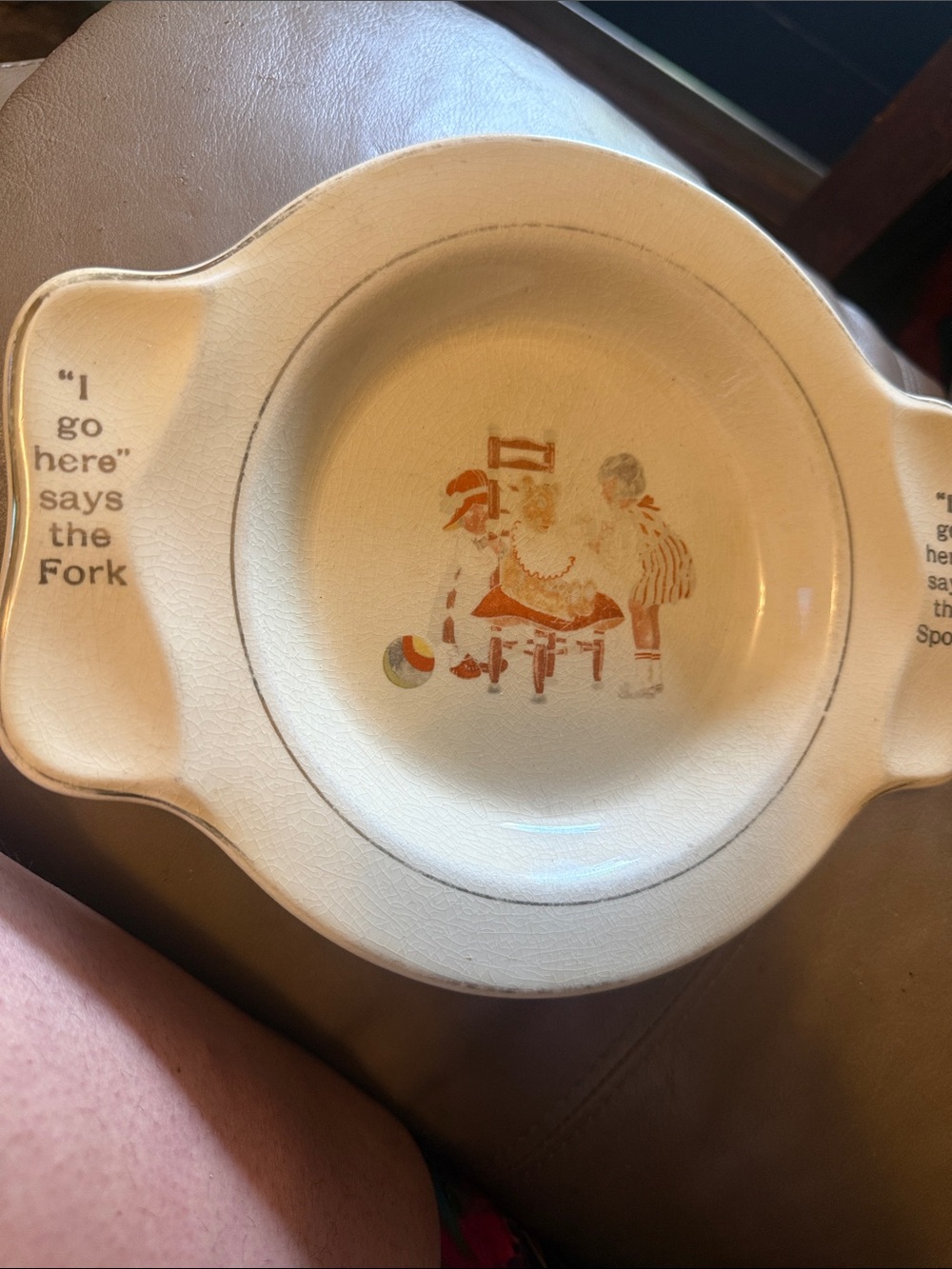 Vintage Cream Ceramic Divided Serving Dish with Playful Illustration